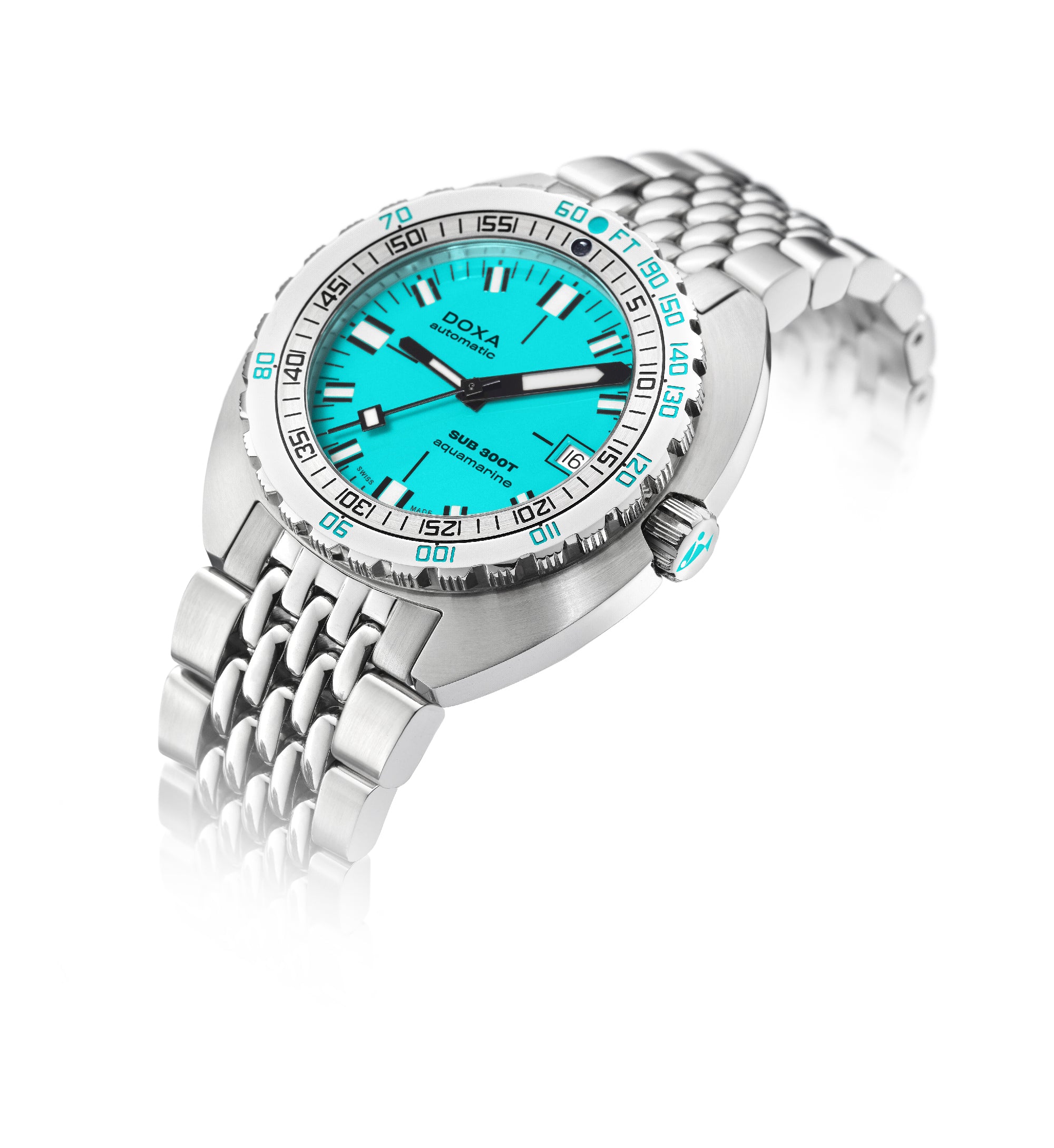 Montre DOXA SUB 300T Aquamarine à cadran turquoise et bracelet en acier.